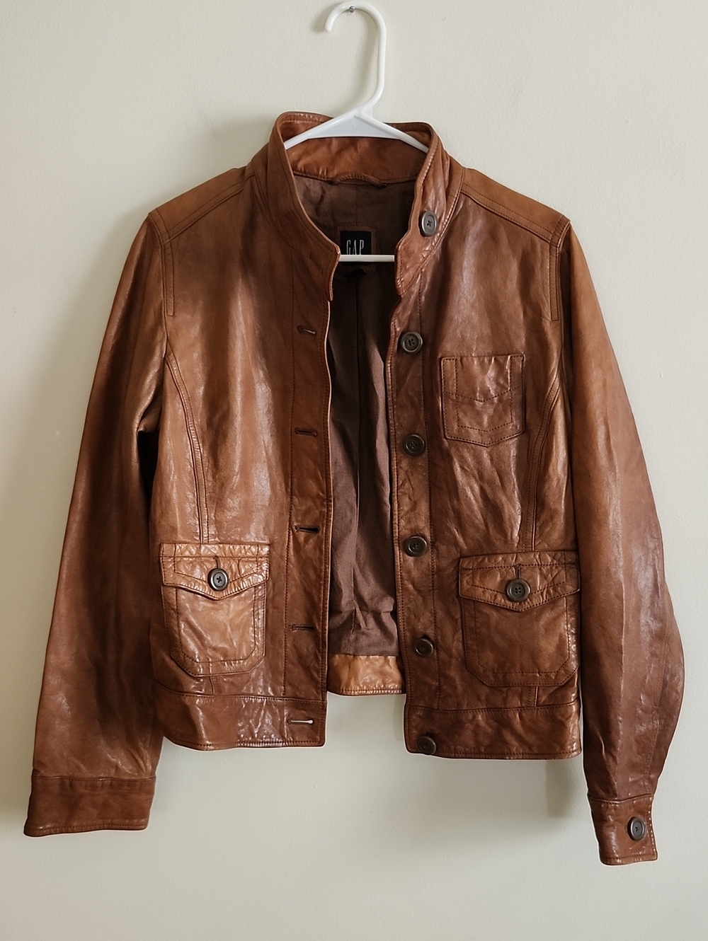 Gap Brown Genuine Leather Jacket Sleek Chic Y2K Pockets Bikercore